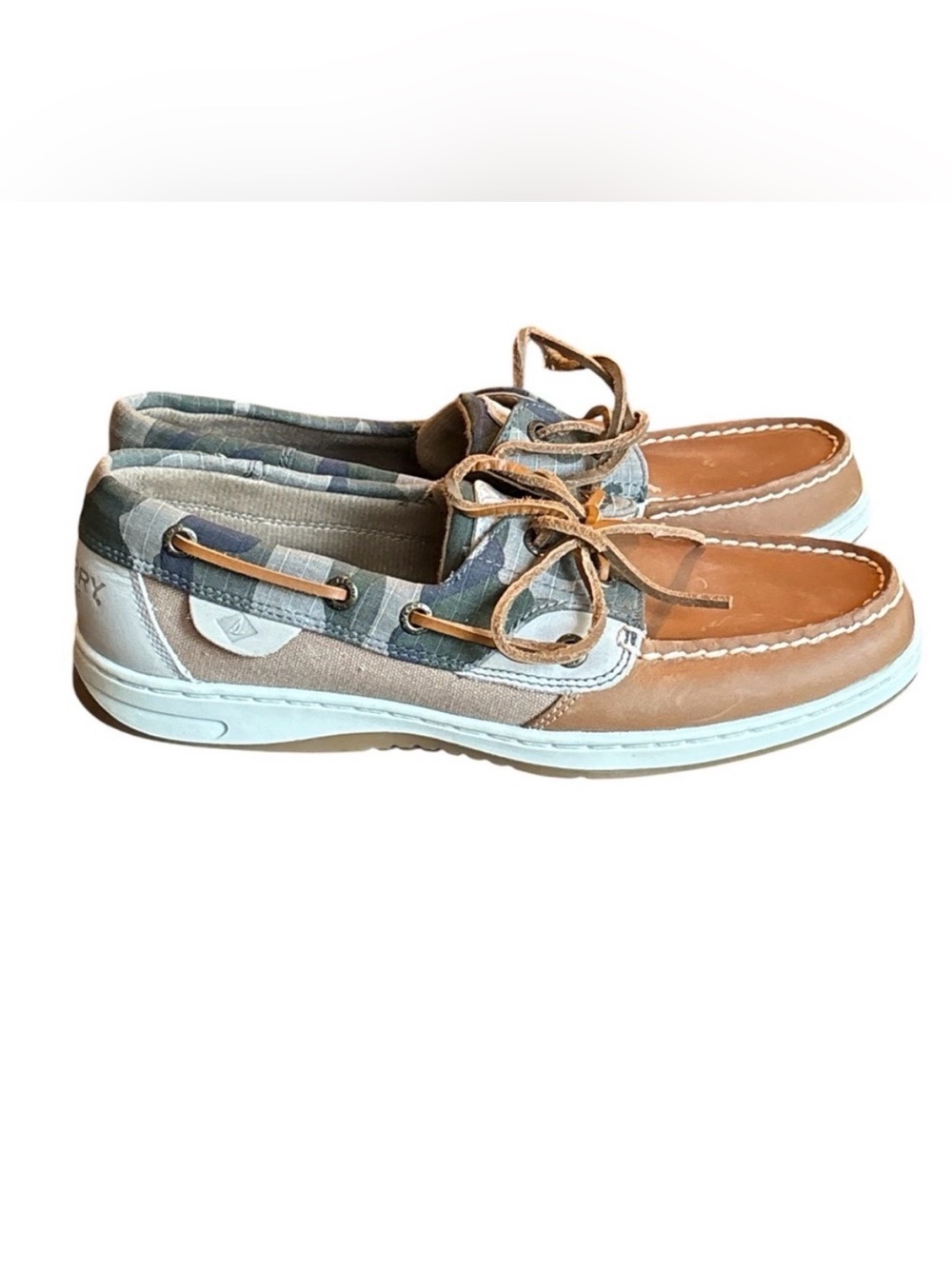 Sperry Topsider Bluefish Tan Leather Boat Shoes with Green Camo Accents W8